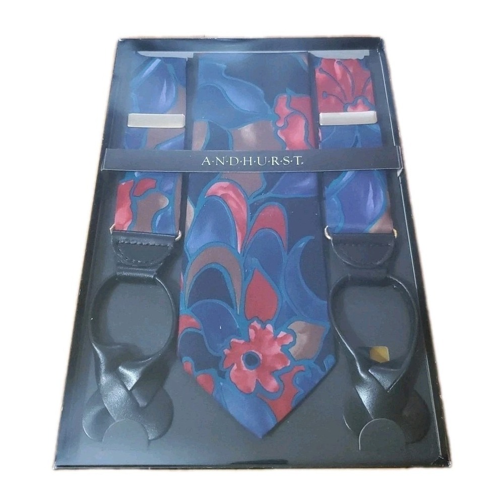 Vintage Andhurst Suspenders and Matching Tie Geometric‎ Floral Blue Red